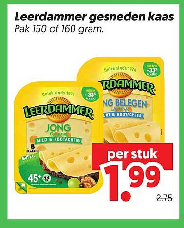 Leerdammer gesneden kaas Pak 150 of 160 gram.