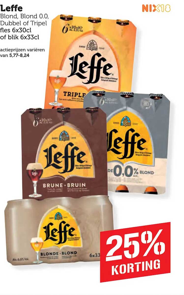 Leffe Blond, Blond 0.0, Dubbel of Tripel fles 6x30cl of blik 6x33cl 25% korting