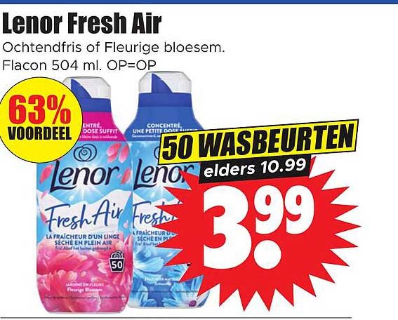 Lenor Fresh Air Ochtendfris of Fleurige bloesem. Flacon 504 ml. OP=OP 50 WASBEURTEN elders 10.99