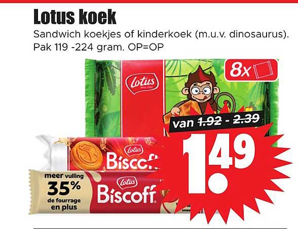 Lotus koek Sandwich koekjes of kinderkoek (m.u.v. dinosaurus). Pak 119 -224 gram. OP=OP