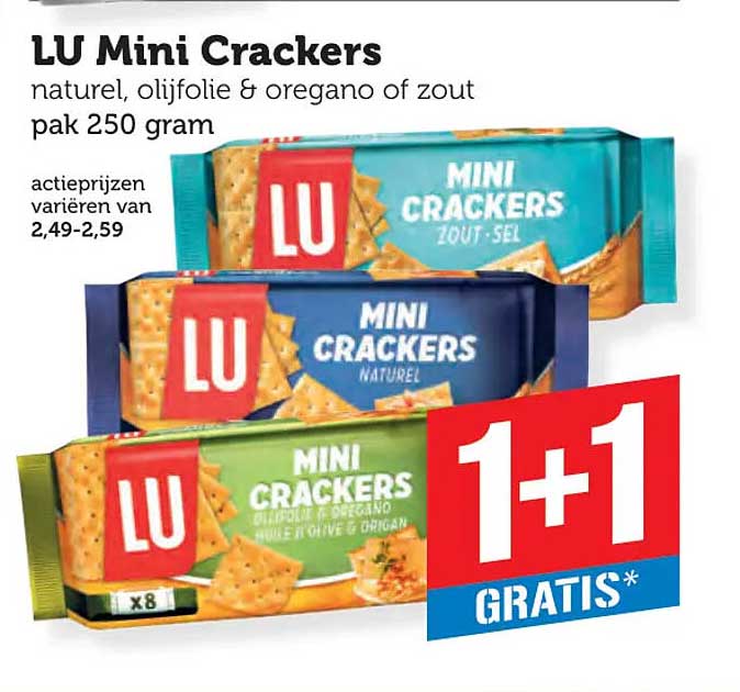 LU Mini Crackers naturel, olijfolie & oregano of zout pak 250 gram 1+1 GRATIS*