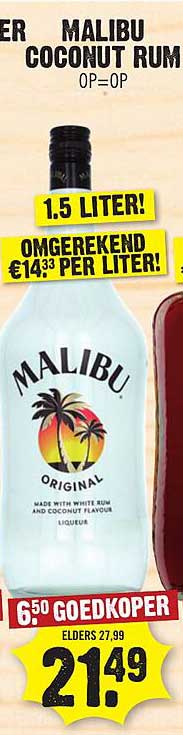 MALIBU COCONUT RUM 1.5 LITER! OMGEREKEND €14,33 PER LITER! 6,50 GOEDKOPER