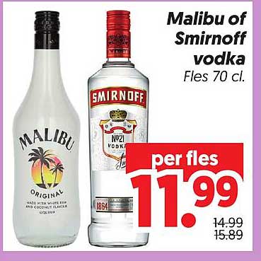 Malibu of Smirnoff vodka Fles 70 cl.