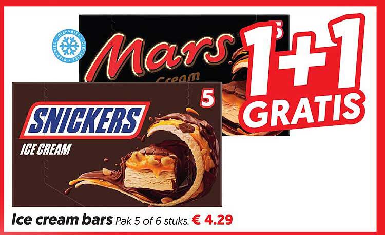 Mars & Snickers Ice Cream bars Pak 5 of 6 stuks 1+1 GRATIS