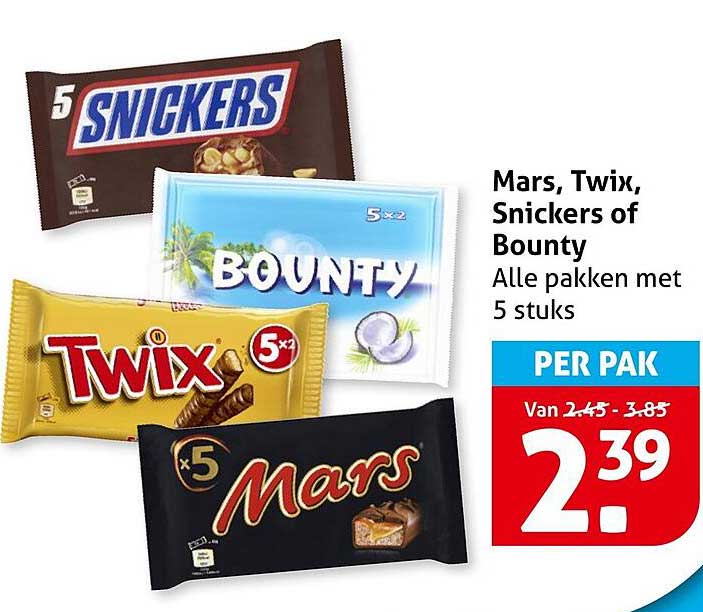 Mars, Twix, Snickers of Bounty Alle pakken met 5 stuks PER PAK