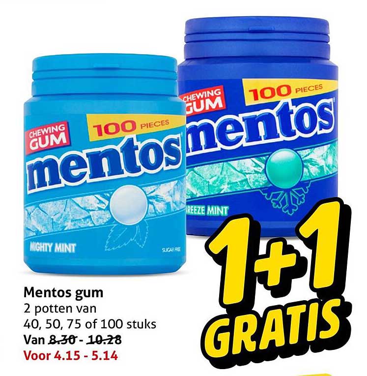 Mentos gum 2 potten van 40, 50, 75 of 100 stuks 1+1 gratis