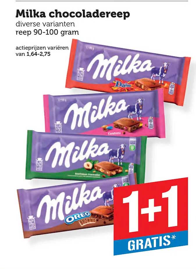 Milka chocoladereep diverse varianten reep 90-100 gram 1+1 gratis