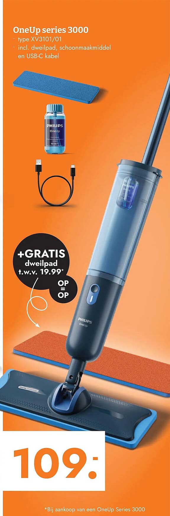 OneUp series 3000 type XV3101/01 incl. dweilpad, schoonmaakmiddel en USB-C kabel +GRATIS dweilpad t.w.v. 19.99* OP=OP