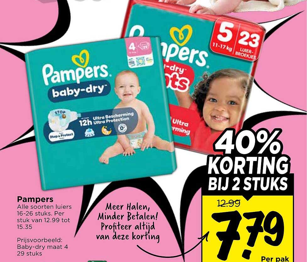Pampers Alle soorten luiers 16-26 stuks. Per stuk van 12.99 tot 15.35 40% KORTING BIJ 2 STUKS