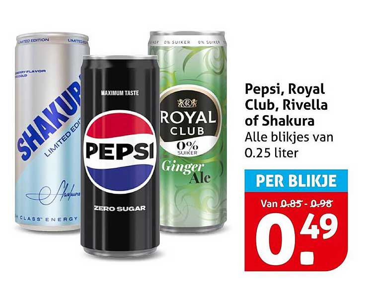 Pepsi, Royal Club, Rivella of Shakura Alle blikjes van 0.25 liter PER BLIKJE