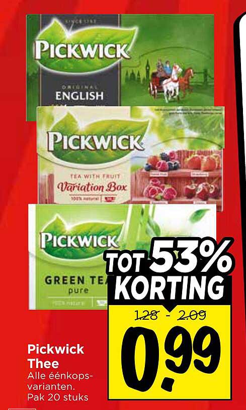 Pickwick Thee Alle éénkops-varianten. Pak 20 stuks TOT 53% KORTING