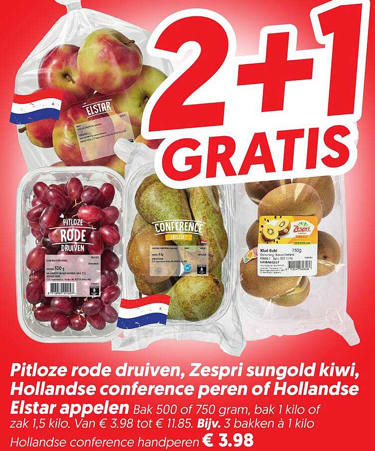 Pitloze rode druiven, Zespri sungold kiwi, Hollandse conference peren of Hollandse Elstar appelen 2+1 gratis