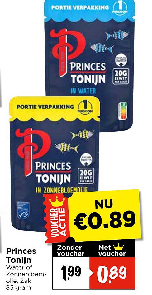 Princes Tonijn Water of Zonnebloemolie. Zak 85 gram - Voucher Actie