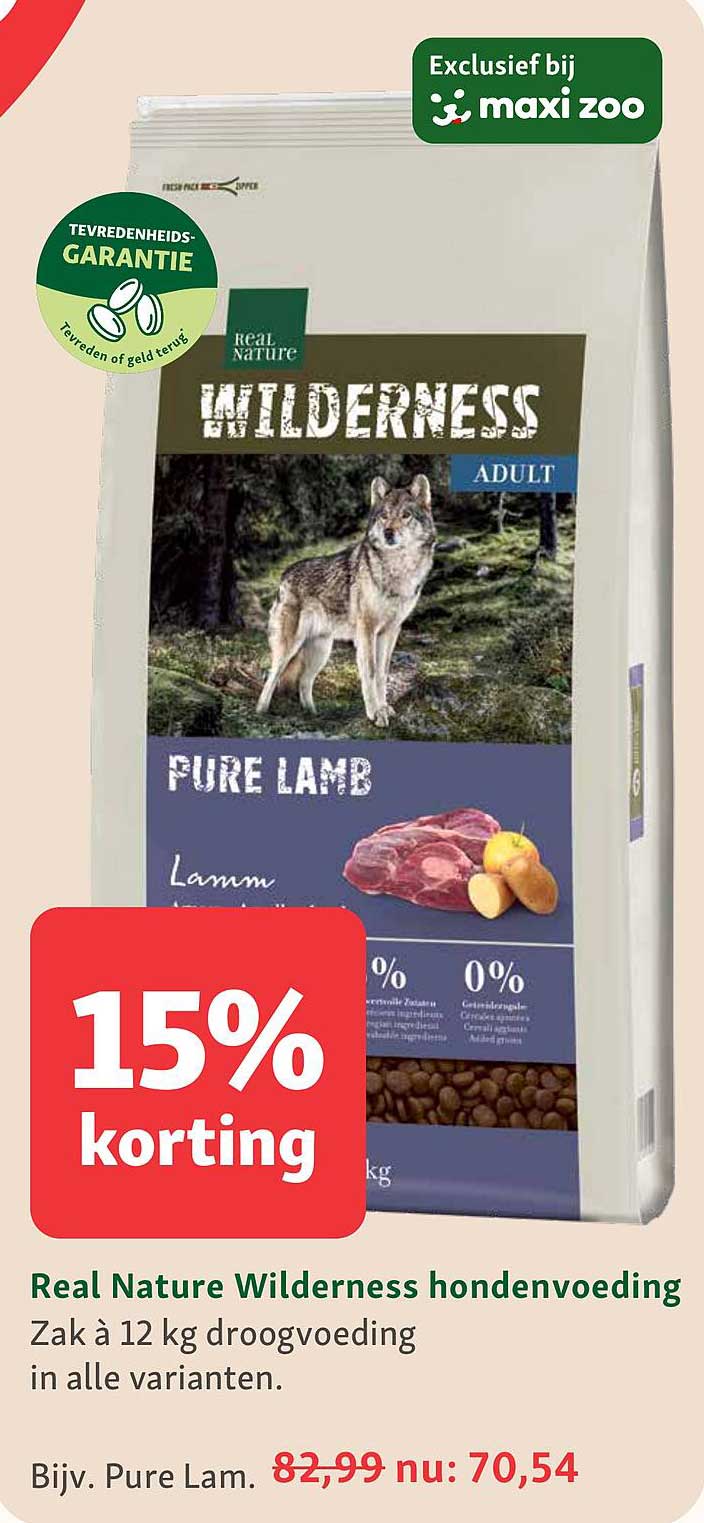 Real Nature Wilderness hondenvoeding Zak à 12 kg droogvoeding in alle varianten. 15% korting