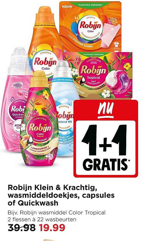 Robijn Klein & Krachtig, wasmiddeldoekjes, capsules of Quickwash 1+1 GRATIS