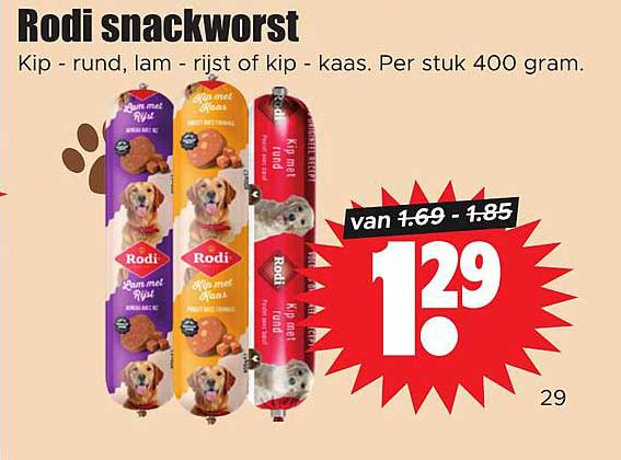 Rodi snackworst Kip - rund, lam - rijst of kip - kaas. Per stuk 400 gram