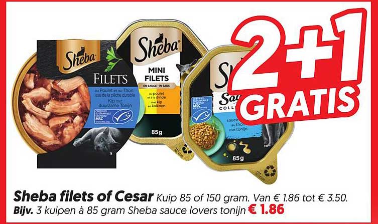 Sheba filets of Cesar Kuip 85 of 150 gram 2+1 GRATIS