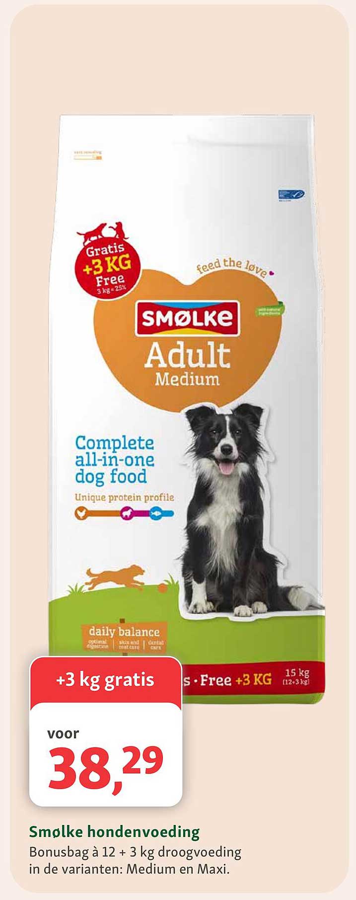 Smølke hondenvoeding Bonusbag à 12 + 3 kg droogvoeding in de varianten: Medium en Maxi.