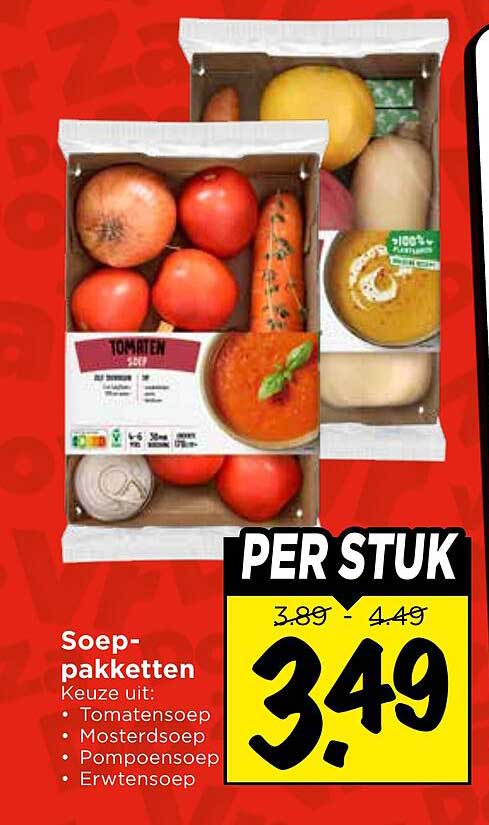 Soep-pakketten Keuze uit: Tomatensoep Mosterdsoep Pompoensoep Erwtensoep PER STUK