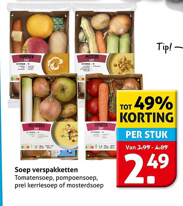 Soep verspakketten Tomatensoep, pompoensoep, prei kerriesoep of mosterdsoep TOT 49% KORTING PER STUK