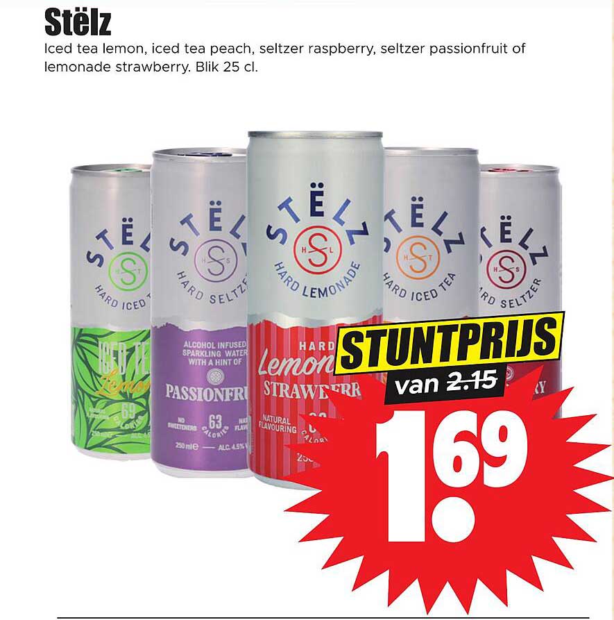 Stëlz Iced tea lemon, iced tea peach, seltzer raspberry, seltzer passionfruit of lemonade strawberry. Blik 25 cl.