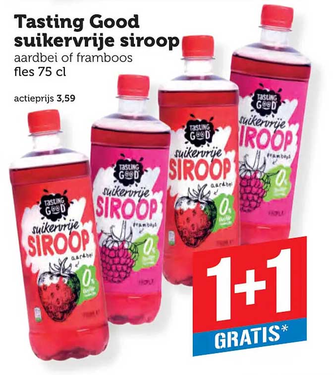 Tasting Good suikervrije siroop aardbei of framboos fles 75 cl 1+1 gratis