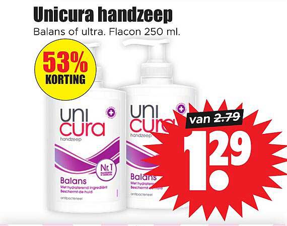 Unicura handzeep Balans of ultra. Flacon 250 ml. 53% KORTING