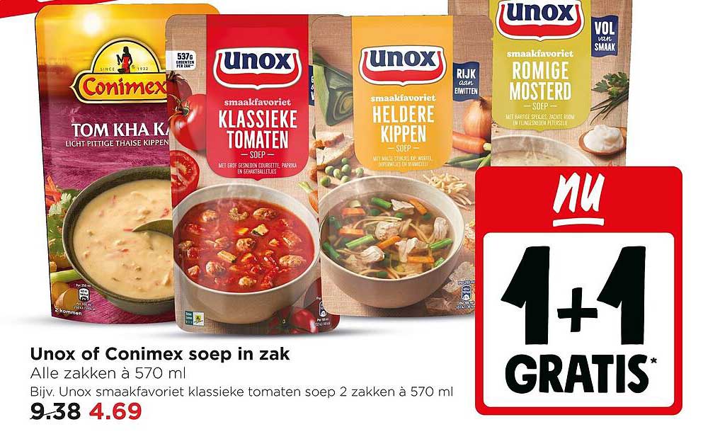 Unox of Conimex soep in zak 1+1 GRATIS