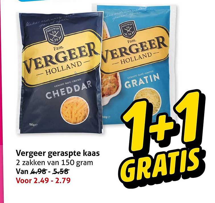 Vergeer geraspte kaas 2 zakken van 150 gram 1+1 GRATIS