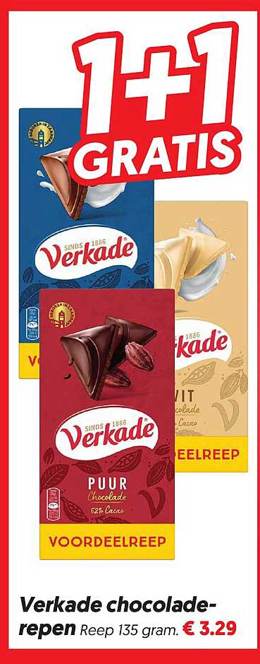 Verkade chocolade-repen Reep 135 gram 1+1 GRATIS