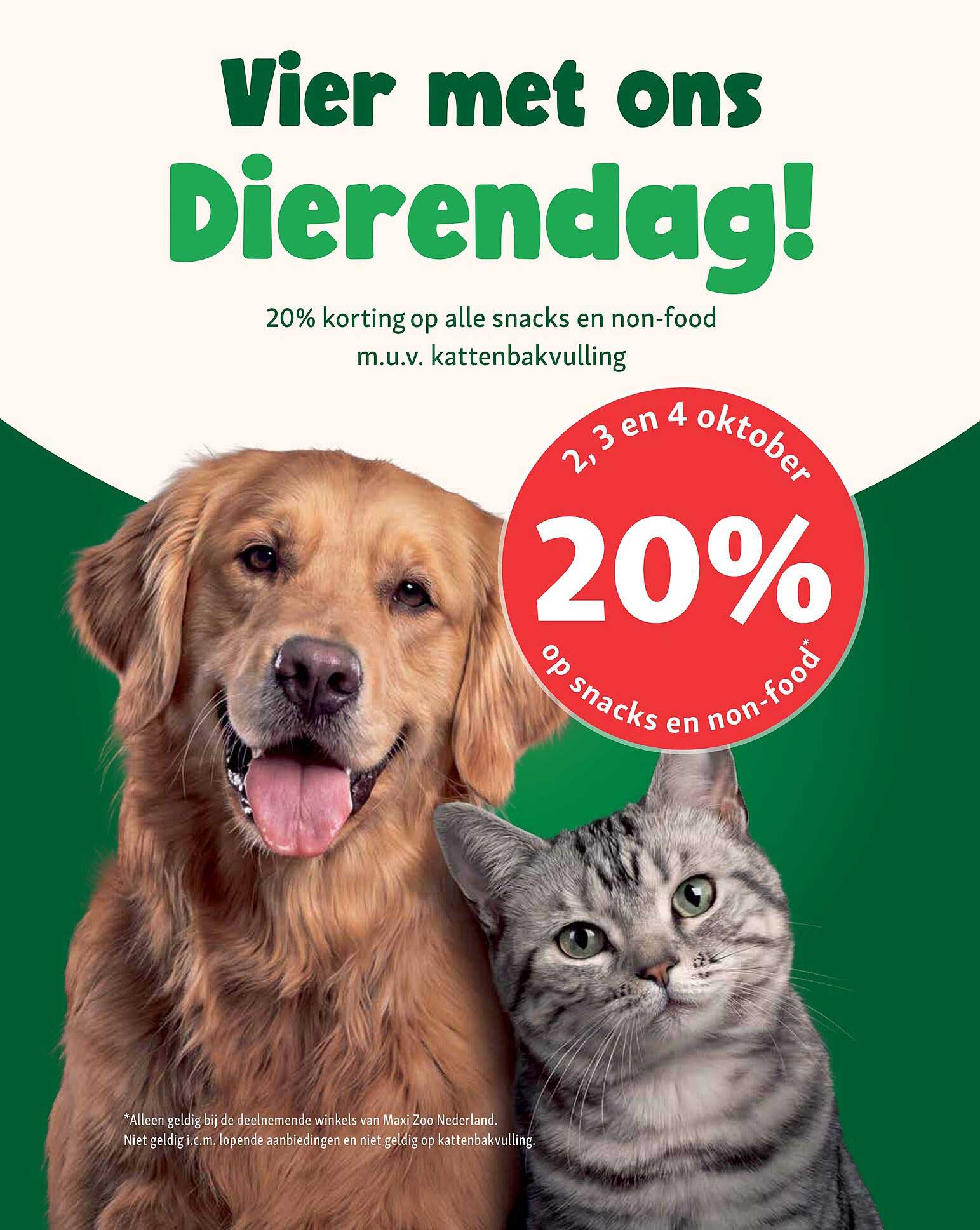 Vier met ons Dierendag! 20% korting op alle snacks en non-food m.u.v. kattenbakvulling 2, 3 en 4 oktober