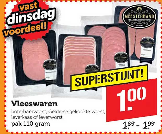 Vleeswaren boterhamworst, Gelderse gekookte worst, leverkaas of leverworst pak 110 gram SUPERSTUNT!