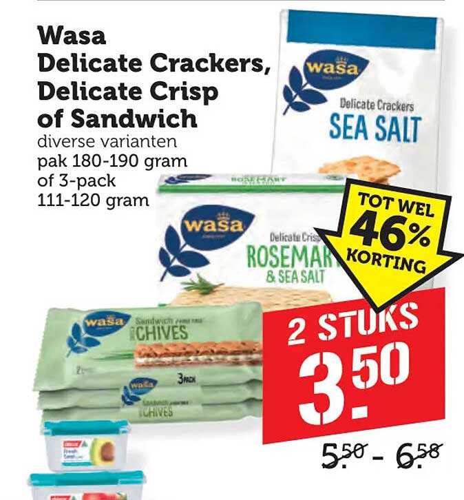 Wasa Delicate Crackers, Delicate Crisp of Sandwich diverse varianten pak 180-190 gram of 3-pack 111-120 gram 2 STUKS 3.50 - TOT WEL 46% KORTING