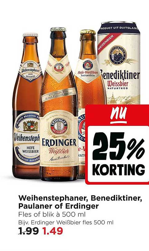 Weihenstephaner, Benediktiner, Paulaner of Erdinger Fles of blik à 500 ml 25% korting