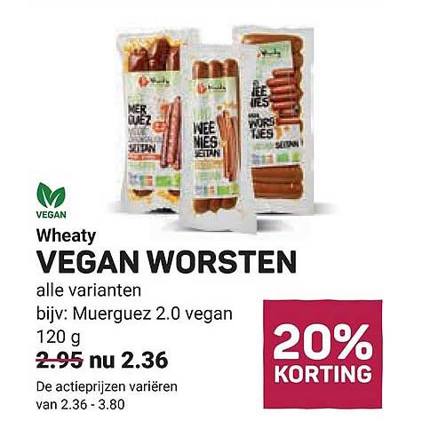 Wheaty VEGAN WORSTEN alle varianten bijv: Muerguez 2.0 vegan 120 g 20% KORTING
