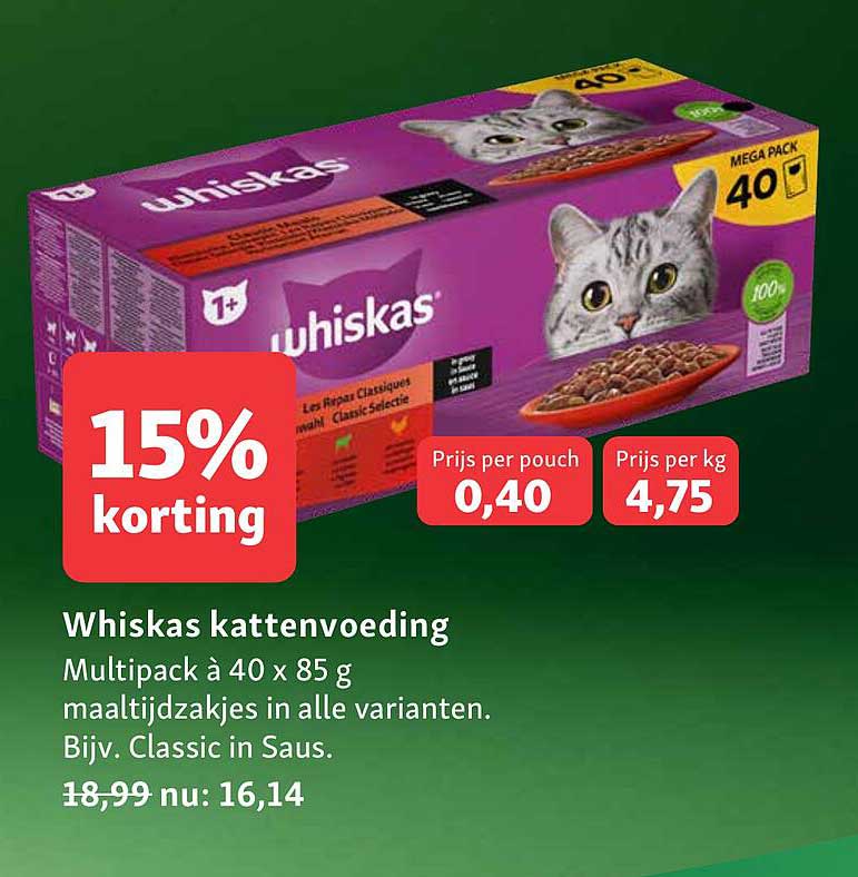 Whiskas kattenvoeding Multipack à 40 x 85 g maaltijdzakjes in alle varianten. Bijv. Classic in Saus. 15% korting