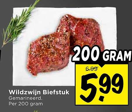 Wildzwijn Biefstuk Gemarineerd. Per 200 gram