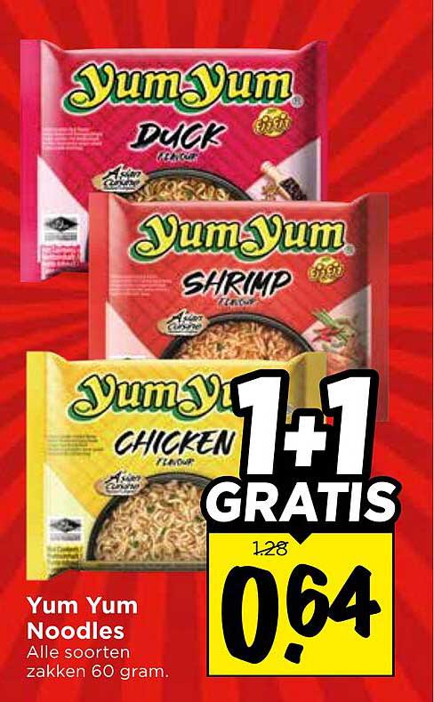 Yum Yum Noodles Alle soorten zakken 60 gram 1+1 gratis