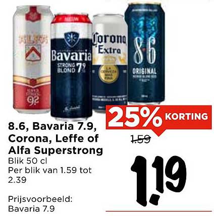 8.6, Bavaria 7.9, Corona, Leffe of Alfa Superstrong