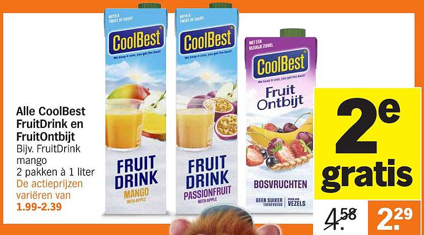 Alle CoolBest FruitDrink en FruitOntbijt Bijv. FruitDrink mango 2 pakken à 1 liter De actieprijzen variëren van 1.99-2.39