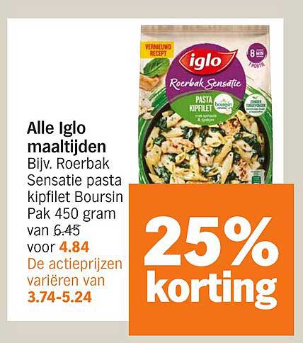 Alle Iglo maaltijden Bijv. Roerbak Sensatie pasta kipfilet Boursin Pak 450 gram van 6.45 voor 4.84