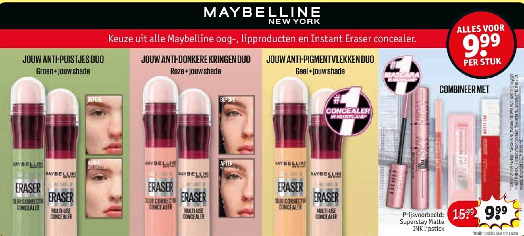 Alle Maybelline oog-, lipproducten en Instant Eraser concealer voor 9,99 per stuk