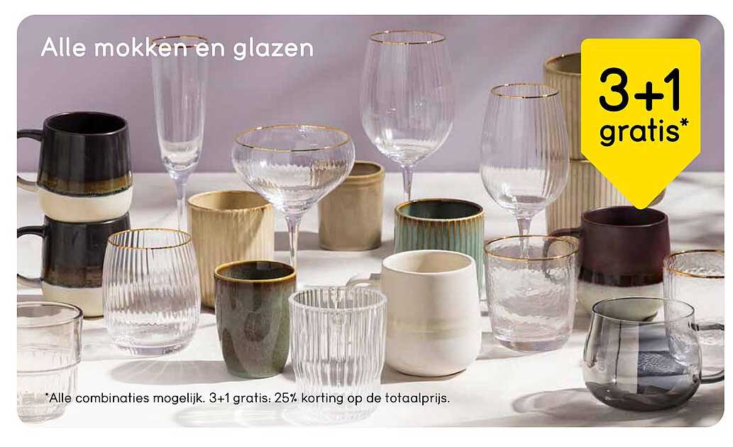 Alle mokken en glazen 3+1 gratis*