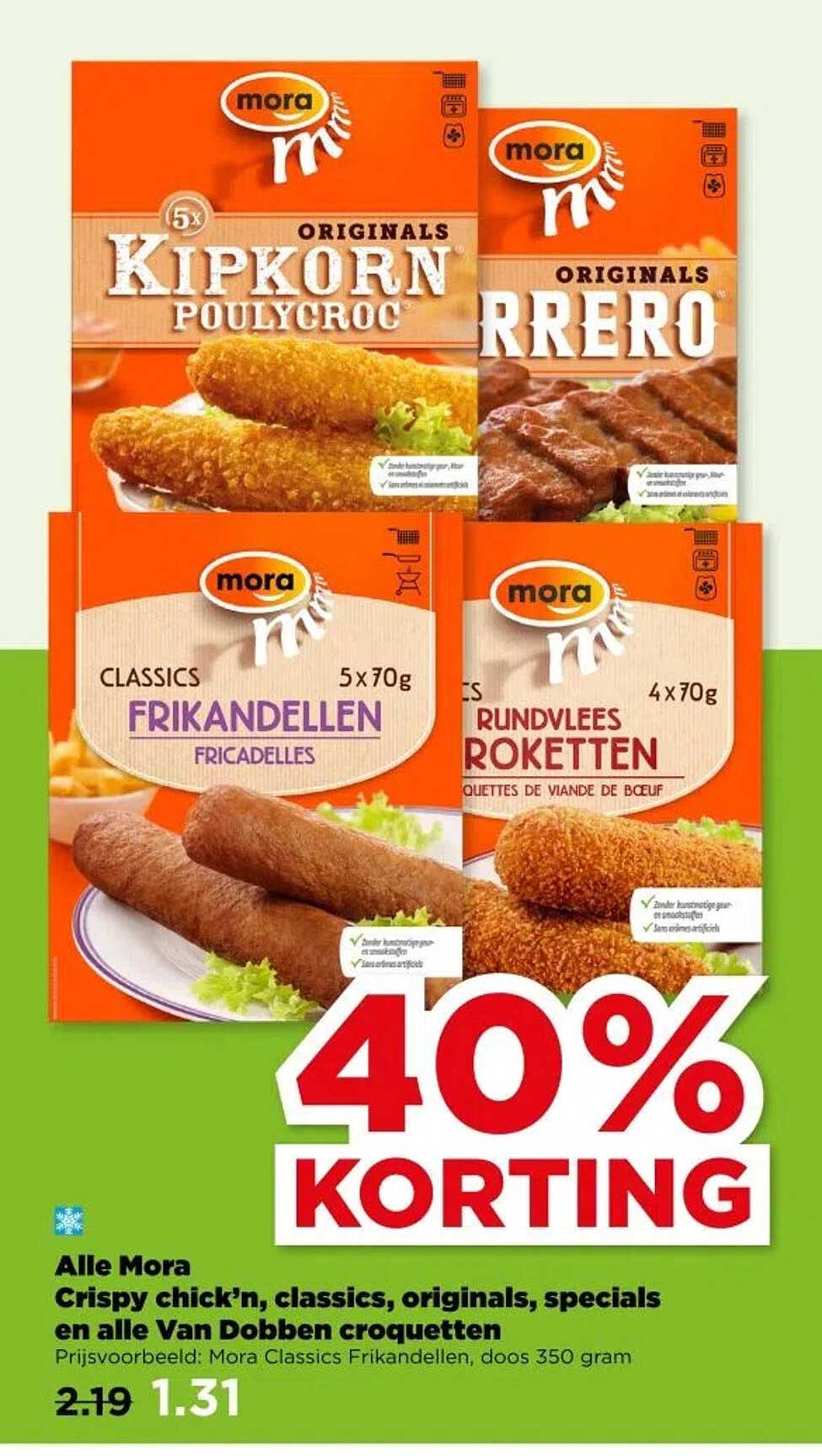 Alle Mora Crispy chick'n, classics, originals, specials en alle Van Dobben croquetten