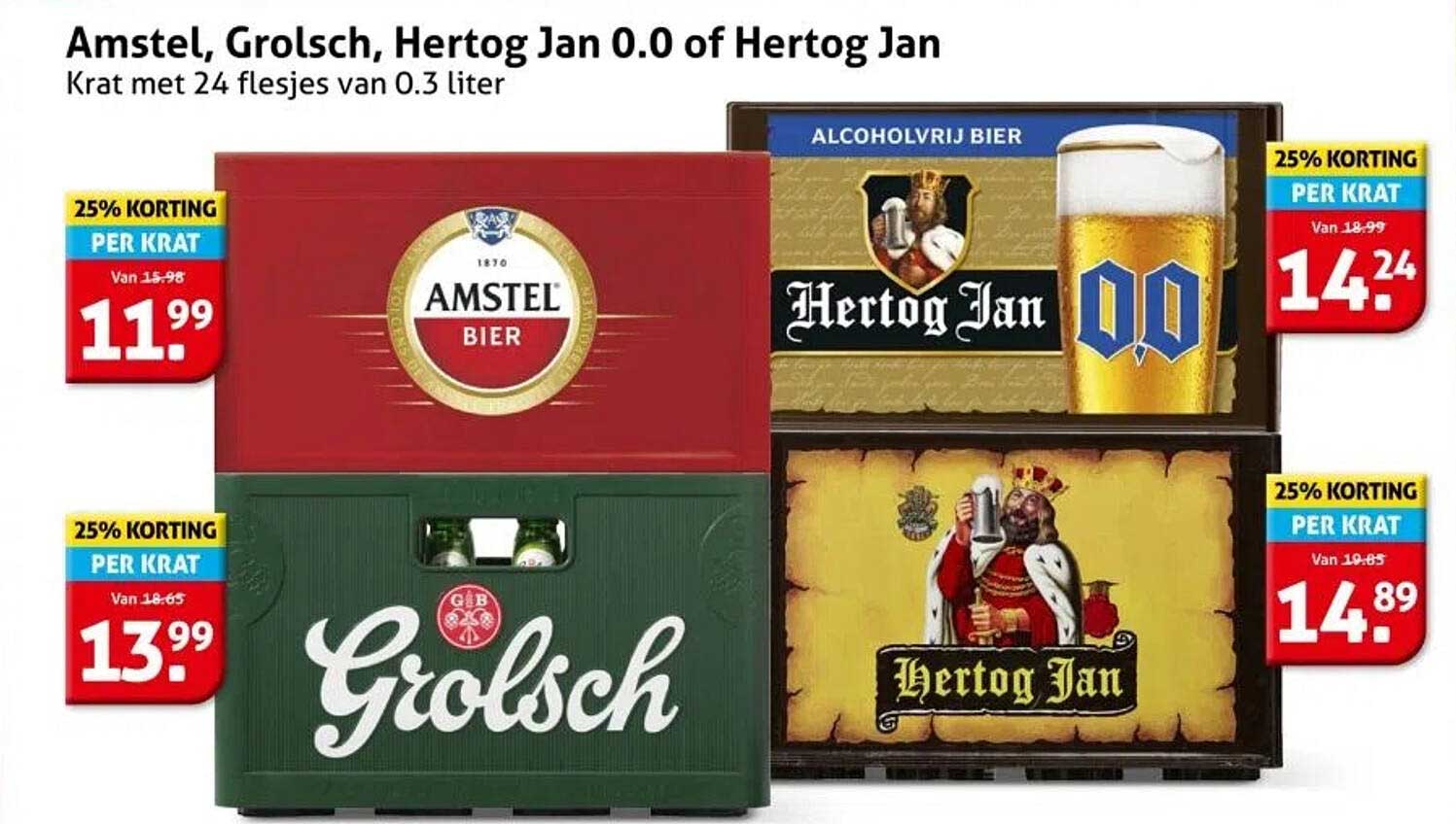 Amstel, Grolsch, Hertog Jan 0.0 of Hertog Jan - Krat met 24 flesjes van 0.3 liter