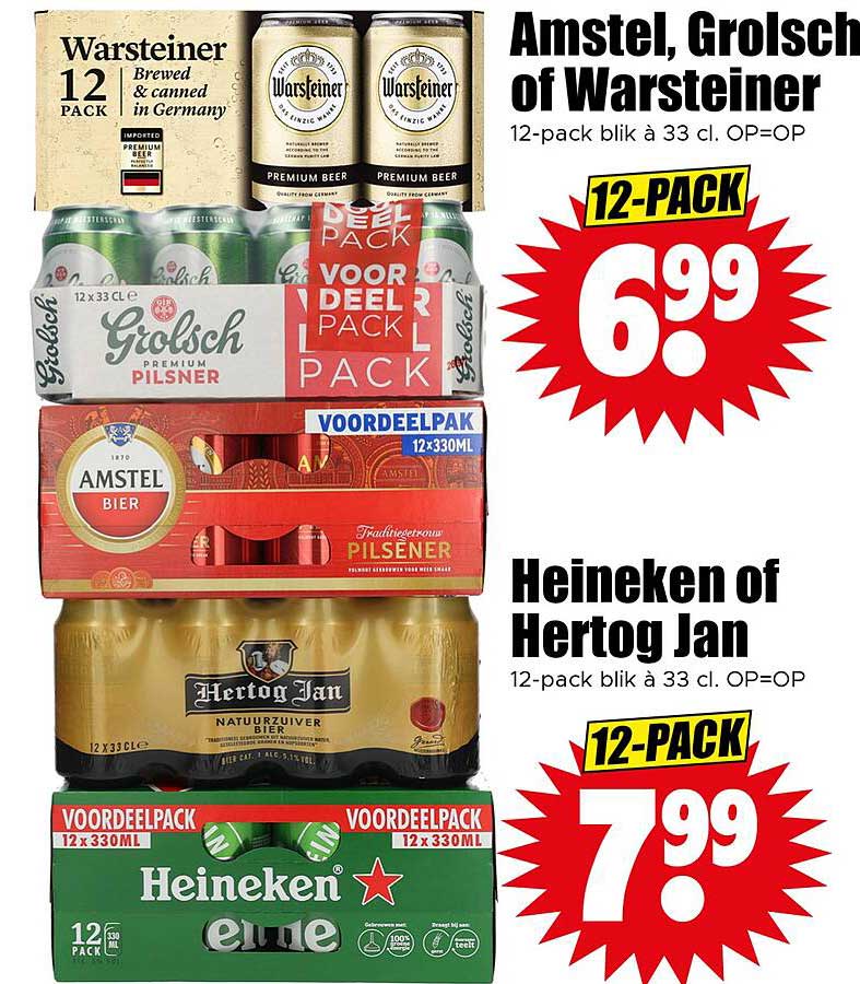 Amstel, Grolsch of Warsteiner 12-pack blikken à 33 cl