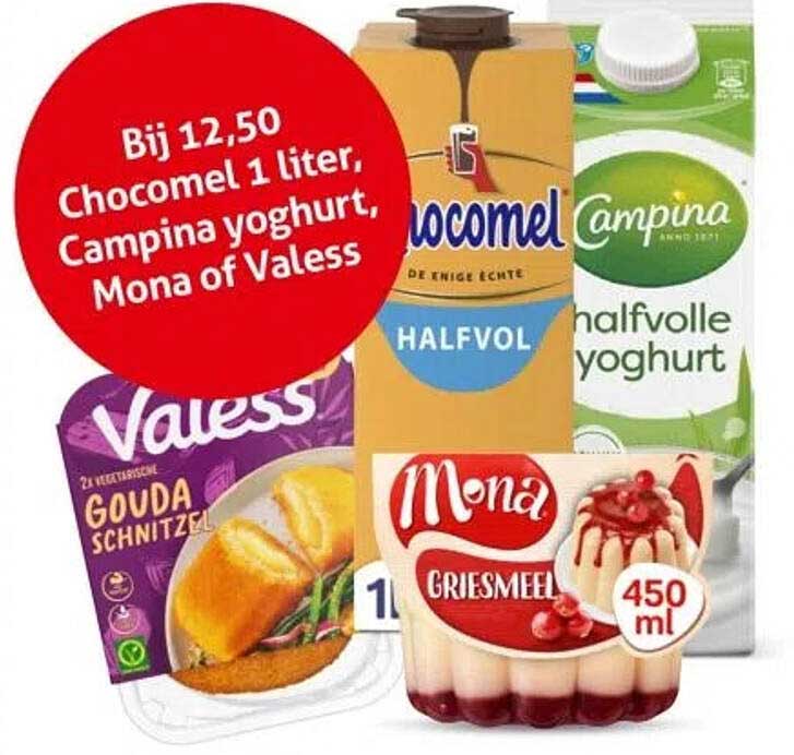 Bij 12,50 Chocomel 1 liter, Campina yoghurt, Mona of Valess