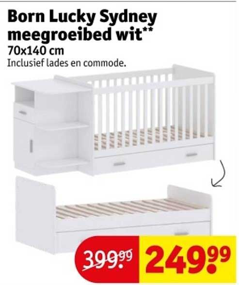Born Lucky Sydney meegroeibed wit** 70x140 cm Inclusief lades en commode.