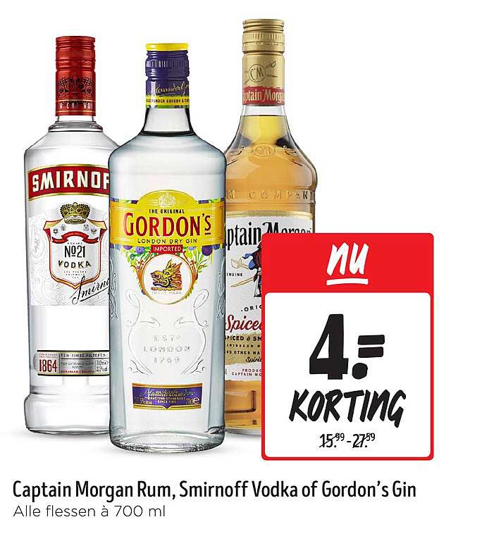 Captain Morgan Rum, Smirnoff Vodka of Gordon’s Gin