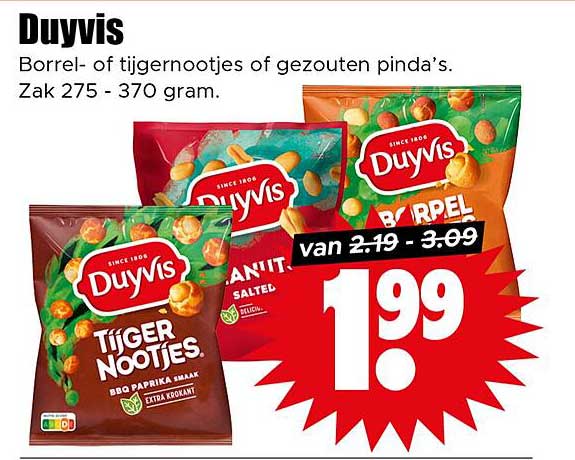 Duyvis Borrel- of tijgernootjes of gezouten pinda’s. Zak 275 - 370 gram.